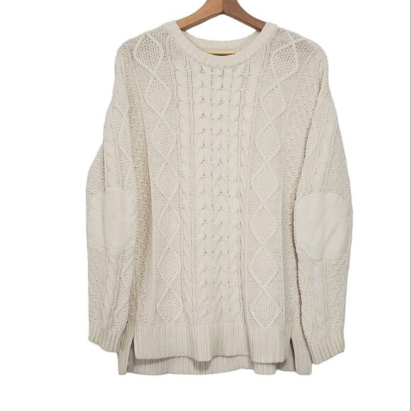 BDG | Elbow Patch Cable Knit Fisherman Soft Cream Sweater - Picture 1 of 9